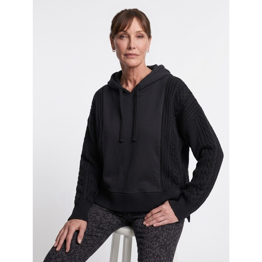 La Ligne Merino Wool Cable Knit Sleeve Relaxed Hoodie Sweater Black Mixed Media